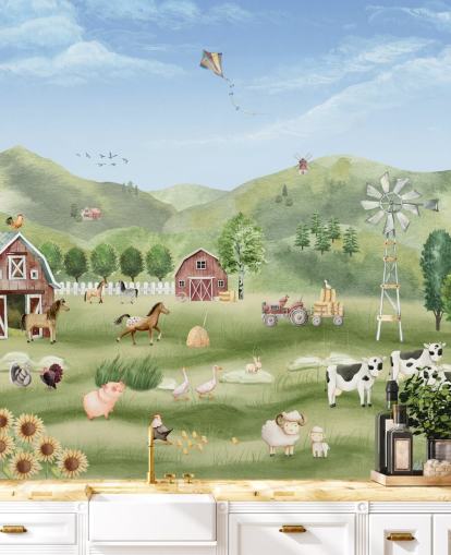 bonito mural de papel pintado de granja