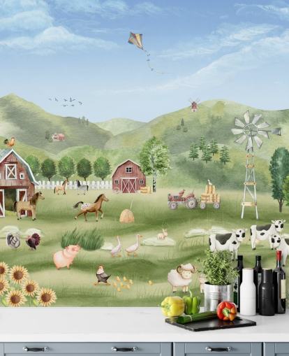 bonito mural de papel pintado de granja