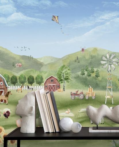 bonito mural de papel pintado de granja