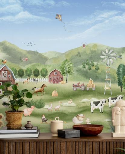 bonito mural de papel pintado de granja