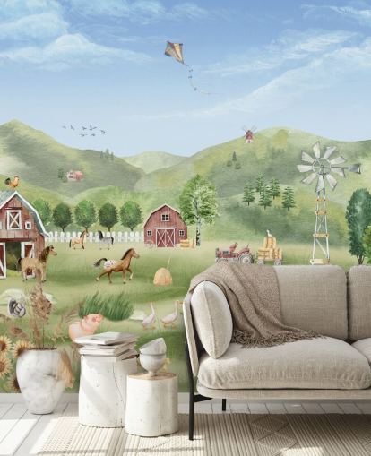 bonito mural de papel pintado de granja