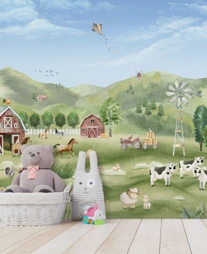 bonito mural de papel pintado de granja
