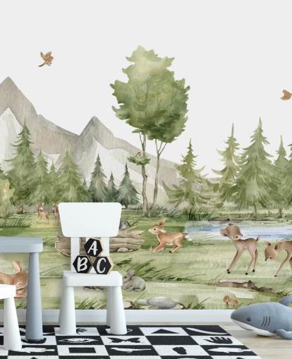 mural de papel de parede de animais da floresta fofos