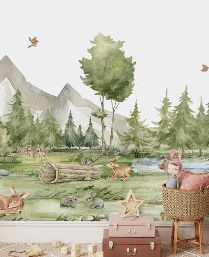 mural de papel de parede de animais da floresta fofos