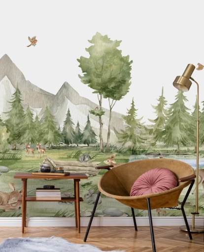 mural de papel de parede de animais da floresta fofos