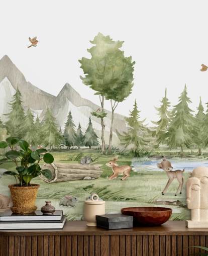 mural de papel de parede de animais da floresta fofos