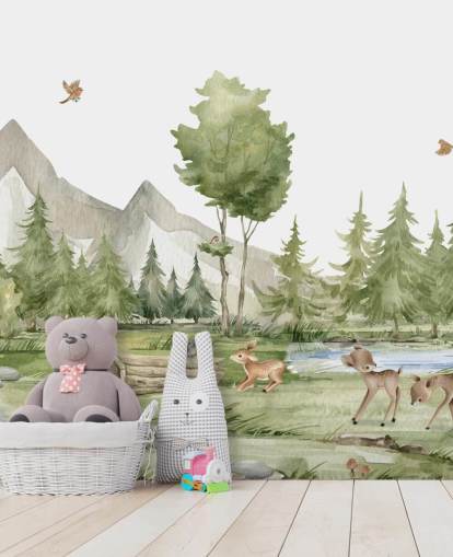 mural de papel de parede de animais da floresta fofos