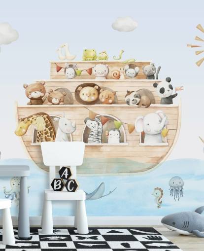 mural de papel pintado con animales del arca de Noé