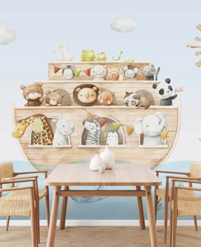 mural de papel pintado con animales del arca de Noé