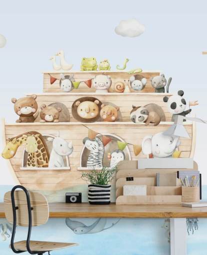 behangmuurschildering met dieren van Noah