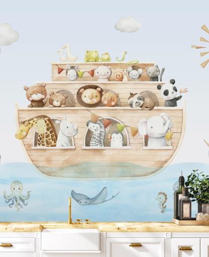 mural de papel pintado con animales del arca de Noé