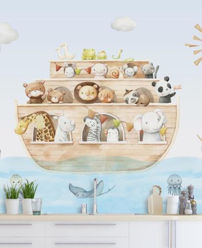 mural de papel pintado con animales del arca de Noé