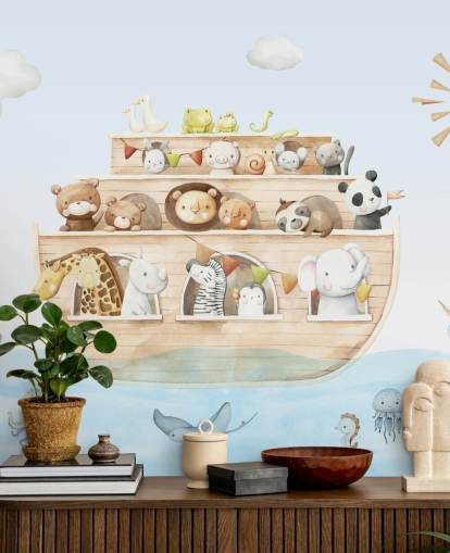 mural de papel pintado con animales del arca de Noé