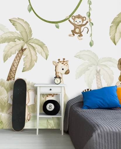 schattige behangmuurschildering met safaridieren