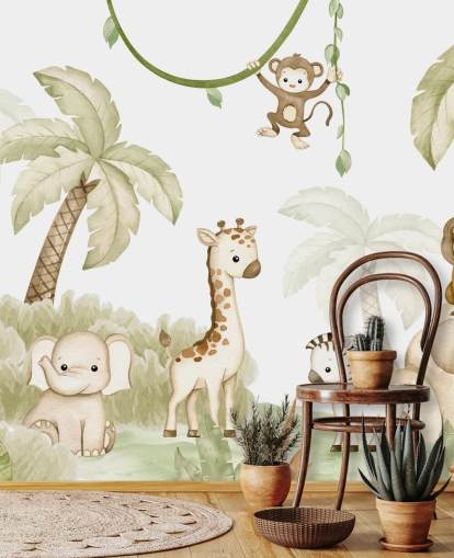 schattige behangmuurschildering met safaridieren