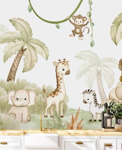 mural de papel de parede de animais de safári fofo