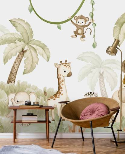 mural de papel de parede de animais de safári fofo