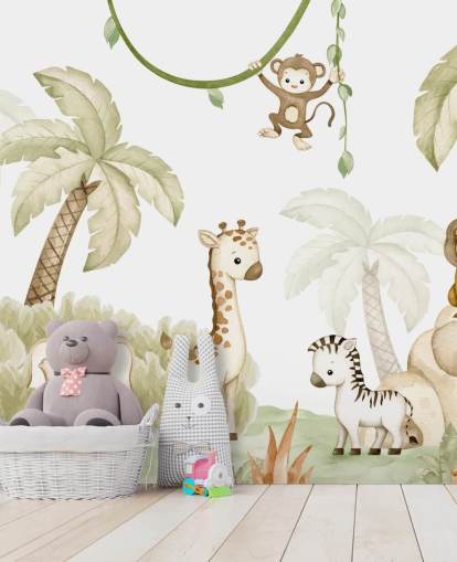 schattige behangmuurschildering met safaridieren