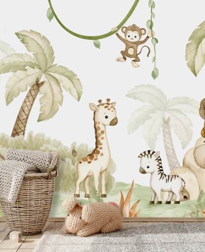 mural de papel de parede de animais de safári fofo