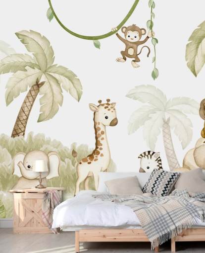 mural de papel de parede de animais de safári fofo