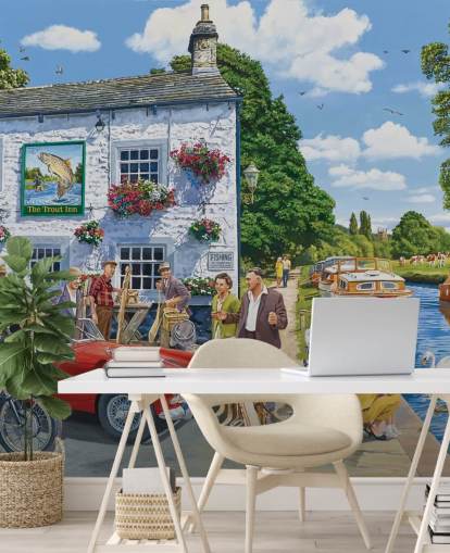 bygone wall mural with pub and canal bygone wall mural with pub and canal