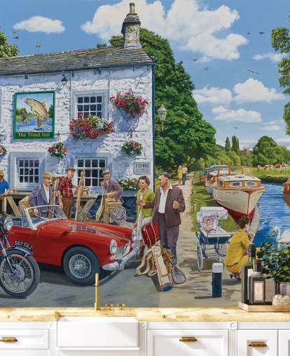 bygone wall mural with pub and canal