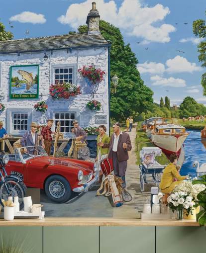 bygone wall mural with pub and canal