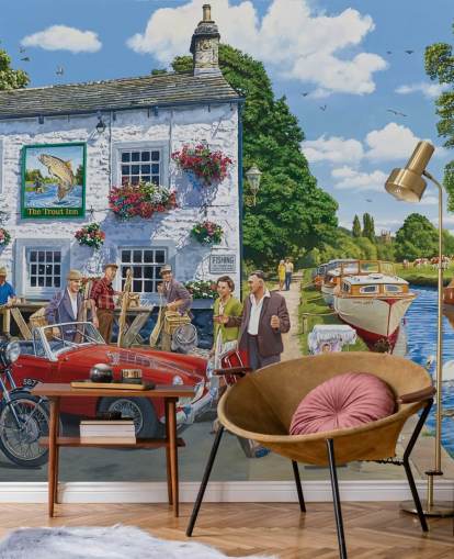 bygone wall mural with pub and canal