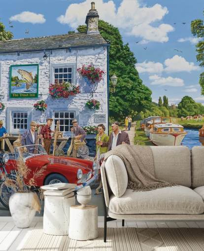 bygone wall mural with pub and canal