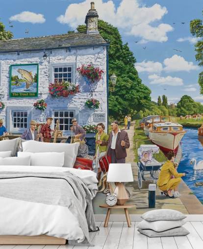 bygone wall mural with pub and canal