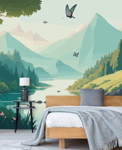 mural de pared de paisaje de montaña y río con mariposas llamado Dancing Butterflies para dormitorio infantil mural de pared de paisaje de montaña y río con mariposas llamado Dancing Butterflies para dormitorio infantil