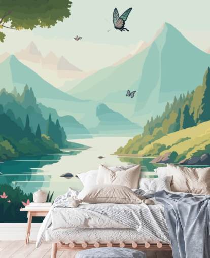 mural de pared de paisaje de montaña y río con mariposas llamado Dancing Butterflies para dormitorio infantil