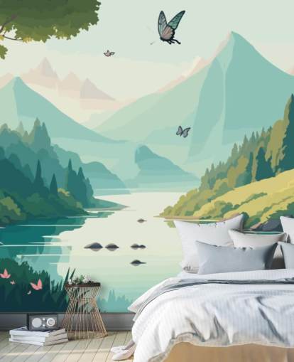 mountain and river landscape with butterflies wall mural called Dancing Butterflies for kid's bedroom