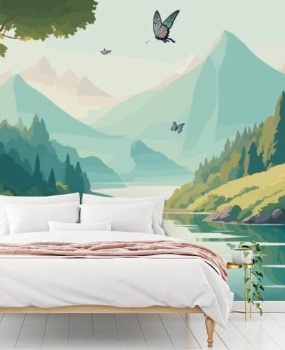 Berg- und Flusslandschaft mit Schmetterlingen, Wandbild Tanzende Schmetterlinge für Kinderzimmer
