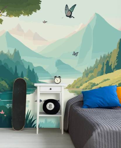 mountain and river landscape with butterflies wall mural called Dancing Butterflies for kid's bedroom