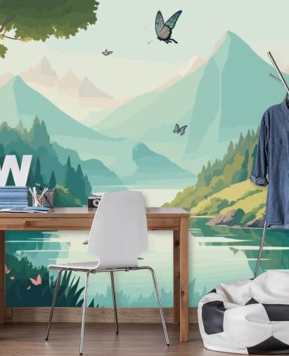 mountain and river landscape with butterflies wall mural