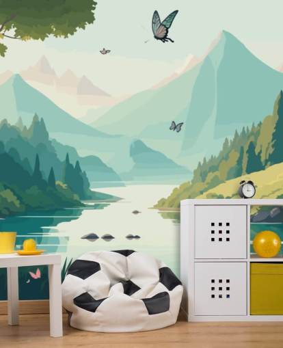 mountain and river landscape with butterflies wall mural called Dancing Butterflies for kid's bedroom