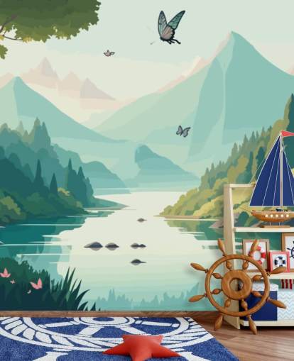 mountain and river landscape with butterflies wall mural