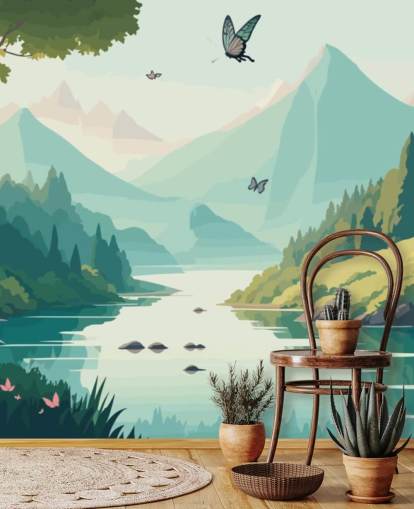Berg- und Flusslandschaft mit Schmetterlingen, Wandbild Tanzende Schmetterlinge für Kinderzimmer Berg- und Flusslandschaft mit Schmetterlingen, Wandbild Tanzende Schmetterlinge für Kinderzimmer