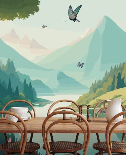 mountain and river landscape with butterflies wall mural mountain and river landscape with butterflies wall mural