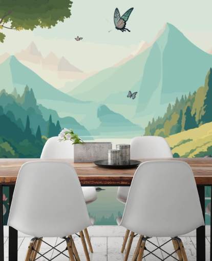 paisagem montanhosa e fluvial com borboletas mural de parede chamado Dancing Butterflies para quarto de criança paisagem montanhosa e fluvial com borboletas mural de parede chamado Dancing Butterflies para quarto de criança