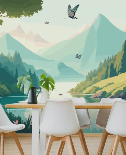 paisagem montanhosa e fluvial com borboletas mural de parede chamado Dancing Butterflies para quarto de criança