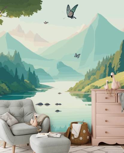 mural de pared de paisaje de montaña y río con mariposas llamado Dancing Butterflies para dormitorio infantil