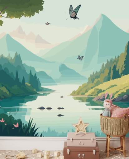 paisagem montanhosa e fluvial com borboletas mural de parede chamado Dancing Butterflies para quarto de criança