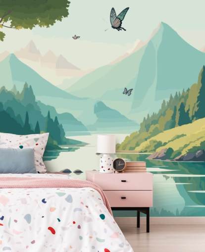 berg- en rivierlandschap met vlinders muurschildering genaamd Dancing Butterflies voor de kinderkamer