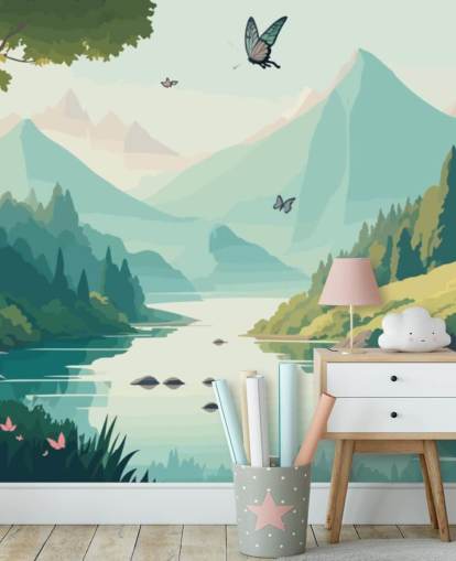 Berg- und Flusslandschaft mit Schmetterlingen, Wandbild Tanzende Schmetterlinge für Kinderzimmer Berg- und Flusslandschaft mit Schmetterlingen, Wandbild Tanzende Schmetterlinge für Kinderzimmer