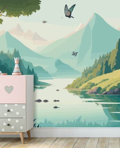 Paysage de montagnes et de rivières avec des papillons murale appelée Dancing Butterflies pour chambre d'enfant