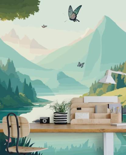 mountain and river landscape with butterflies wall mural called Dancing Butterflies for kid's bedroom mountain and river landscape with butterflies wall mural called Dancing Butterflies for kid's bedroom