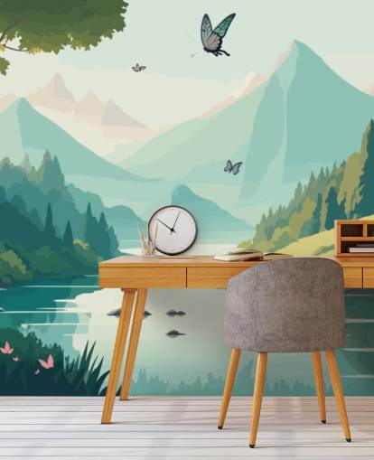Berg- und Flusslandschaft mit Schmetterlingen, Wandbild Tanzende Schmetterlinge für Kinderzimmer Berg- und Flusslandschaft mit Schmetterlingen, Wandbild Tanzende Schmetterlinge für Kinderzimmer