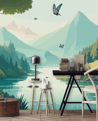 mural de pared de paisaje de montaña y río con mariposas llamado Dancing Butterflies para dormitorio infantil